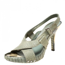 Dior Green Python Leather Cross Strap Slingback Platform Sandals Size 41