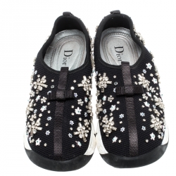 Pre Owned Dior Black Floral Embellished Mesh Fusion Slip On Sneakers Size 37