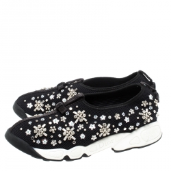 Pre Owned Dior Black Floral Embellished Mesh Fusion Slip On Sneakers Size 37