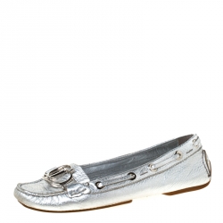 مملوكة مسبقًا Christian Dior Metallic Silver Leather Logo Slip On Loafers Size 38