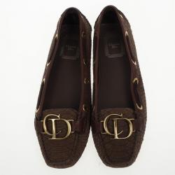 Christian Dior Brown Snake Embossed 'CD' Boatstitched Loafers Size 38