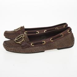 Christian Dior Brown Snake Embossed 'CD' Boatstitched Loafers Size 38