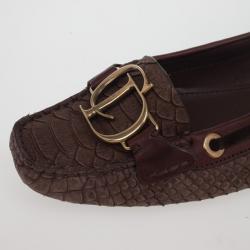 Christian Dior Brown Snake Embossed 'CD' Boatstitched Loafers Size 38
