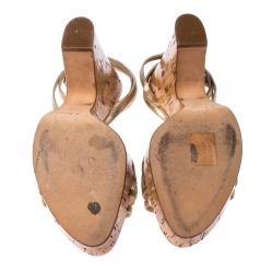 Pre Owned Dior Metallic Gold Leather Strappy Cork Wedge Platform Ankle Strap Sandals Size 38
