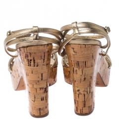 Pre Owned Dior Metallic Gold Leather Strappy Cork Wedge Platform Ankle Strap Sandals Size 38