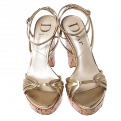 Pre Owned Dior Metallic Gold Leather Strappy Cork Wedge Platform Ankle Strap Sandals Size 38