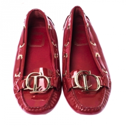 Dior Red Patent Leather CD Logo Slip On Loafers Size 37.5