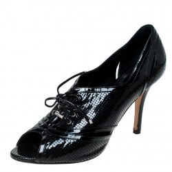 مملوكة مسبقًا Dior Black Patent Leather Peep Toe Lace Up Pumps Size 38.5