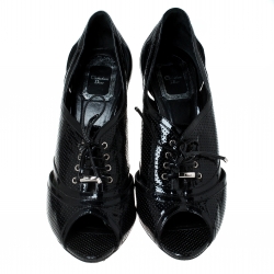 مملوكة مسبقًا Dior Black Patent Leather Peep Toe Lace Up Pumps Size 38.5