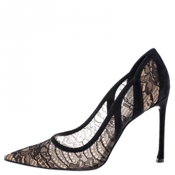 مملوكة مسبقًا Dior Black Chantilly Lace And Suede Pointy Toe High Pumps Size 38.5
