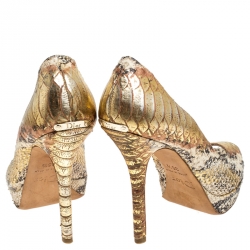 مملوكة مسبقًا Dior Beige/Gold Python Leather Miss Dior Peep Toe Platform Pumps Size 35.5