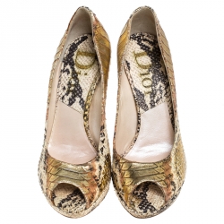 مملوكة مسبقًا Dior Beige/Gold Python Leather Miss Dior Peep Toe Platform Pumps Size 35.5