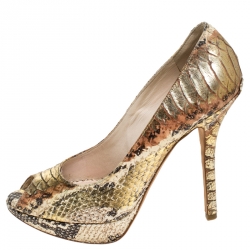 مملوكة مسبقًا Dior Beige/Gold Python Leather Miss Dior Peep Toe Platform Pumps Size 35.5