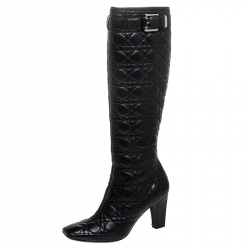 Pre Owned Dior Black Cannage Quilted Leather Knee High Length Boots Size 41.5