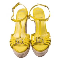 Christian Dior Yellow Patent Leather CD2 T Strap Espadrilles Wedges Size 40