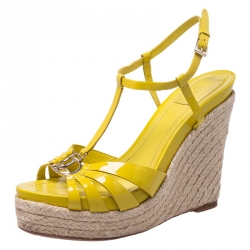 Christian Dior Yellow Patent Leather CD2 T Strap Espadrilles Wedges Size 40
