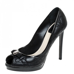Dior Black Cannage Leather Bow Peep Toe Platform Pumps Size 38