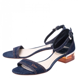 Pre Owned Dior Blue Denim Ankle Strap Block Heel Sandals Size 38.5