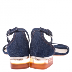Pre Owned Dior Blue Denim Ankle Strap Block Heel Sandals Size 38.5