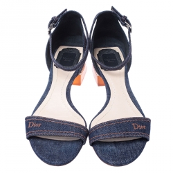 Pre Owned Dior Blue Denim Ankle Strap Block Heel Sandals Size 38.5
