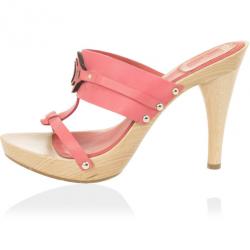 Pre Owned Christian Dior Pink Leather CD Wooden Mules Size 38