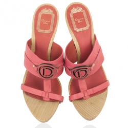 Pre Owned Christian Dior Pink Leather CD Wooden Mules Size 38