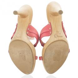 Pre Owned Christian Dior Pink Leather CD Wooden Mules Size 38