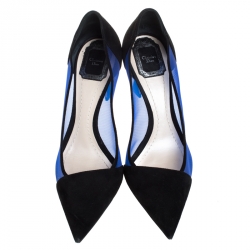 Pre Owned حذاء كعب عالي ديور مقدمة مدببة شبك أزرق وسويدي أسود مقاس 40