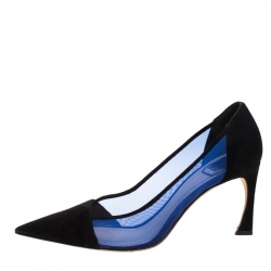 Pre Owned حذاء كعب عالي ديور مقدمة مدببة شبك أزرق وسويدي أسود مقاس 40