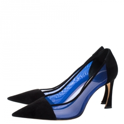 Pre Owned حذاء كعب عالي ديور مقدمة مدببة شبك أزرق وسويدي أسود مقاس 40