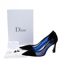 Pre Owned حذاء كعب عالي ديور مقدمة مدببة شبك أزرق وسويدي أسود مقاس 40