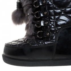 Pre Owned Dior Black/Grey Cannage Quilted Fabric, Rubber And Rabbit Fur Lace Up Snow Boots Size 38 - 40
