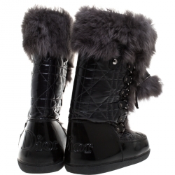 Pre Owned Dior Black/Grey Cannage Quilted Fabric, Rubber And Rabbit Fur Lace Up Snow Boots Size 38 - 40