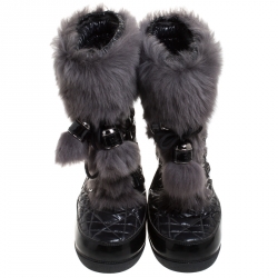 Pre Owned Dior Black/Grey Cannage Quilted Fabric, Rubber And Rabbit Fur Lace Up Snow Boots Size 38 - 40