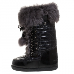 Pre Owned Dior Black/Grey Cannage Quilted Fabric, Rubber And Rabbit Fur Lace Up Snow Boots Size 38 - 40