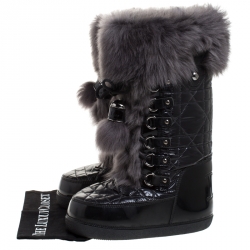 Pre Owned Dior Black/Grey Cannage Quilted Fabric, Rubber And Rabbit Fur Lace Up Snow Boots Size 38 - 40