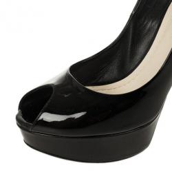 Pre Owned Christian Dior Black Patent Miss Dior Peep Toe Platform Pumps Size 38.5