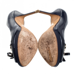 مملوكة مسبقًا Dior Navy Blue Leather Bow Chain Detail Peep Toe Pumps Size 37.5