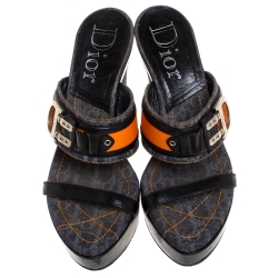 Dior Tri Color Leather and Canvas Open Toe Platform Wedge Sandals Size 39