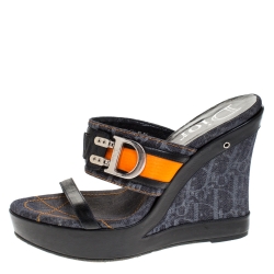 Dior Tri Color Leather and Canvas Open Toe Platform Wedge Sandals Size 39