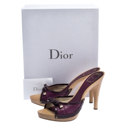 Dior Purple Quilted Leather And Patent Trim Bow Detail Open Toe Slide Sandals Size 39