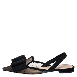 Pre Owned Dior Black Mesh And Suede Trim Polka Dot Bow Slingback Flats Size 38