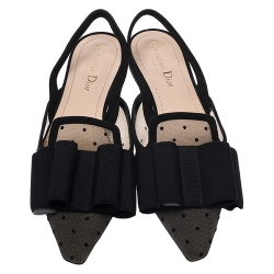 Pre Owned Dior Black Mesh And Suede Trim Polka Dot Bow Slingback Flats Size 38