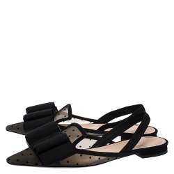 Pre Owned Dior Black Mesh And Suede Trim Polka Dot Bow Slingback Flats Size 38