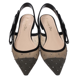 Dior Black Mesh And Suede Trim J'adior Resille Pointed Toe Slingback Flats Size 37.5