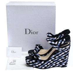 Pre Owned Dior Tri Color Braided Fabric and Leather Open Toe Wedge Sandals Size 40
