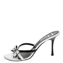 Christian Dior White/Black Leather And Patent Studded Logo Bow Slides Size 39