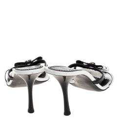 Christian Dior White/Black Leather And Patent Studded Logo Bow Slides Size 39
