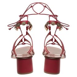 Dior Red Leather Logo Coin Trim Zodiac Lace Up Block Heel Sandals Size 40