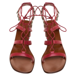 Dior Red Leather Logo Coin Trim Zodiac Lace Up Block Heel Sandals Size 40